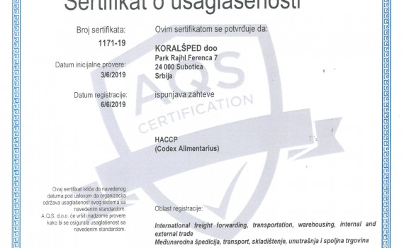 KORAL SPED - sertifikaat HACCP-1